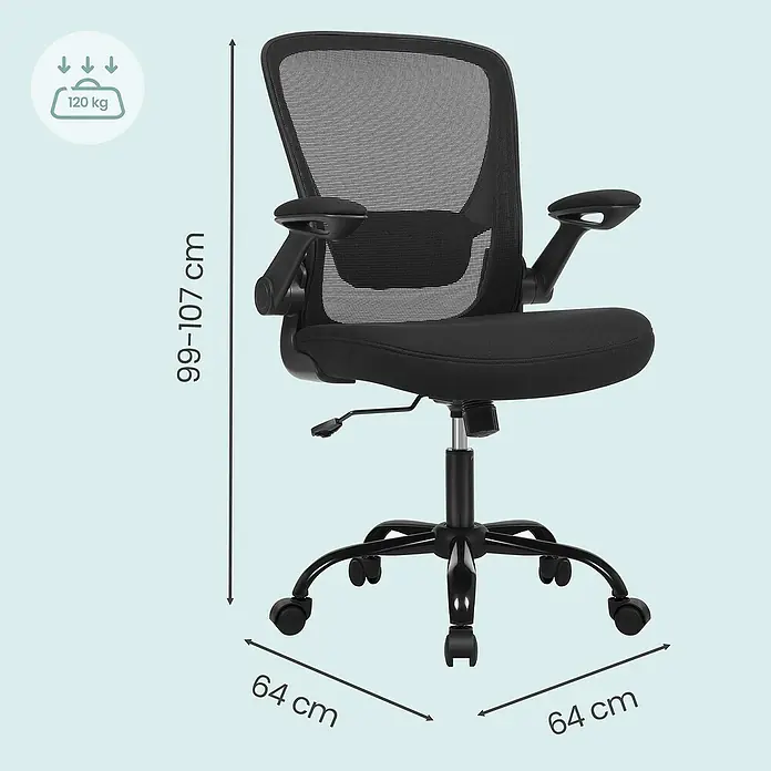 Bürostuhl mit hochklappbaren Armlehnen - Höhenverstellung: 99 cm - 107 cm, B x L: 60 x 66 cm, Schwarz - Schwarzer Bürostuhl mit Netzrückenlehne, Stoffsitz, Armlehnen und Rollen. Höhenverstellbar (99-107cm), 64cm breit, max. 120kg Tragkraft.
