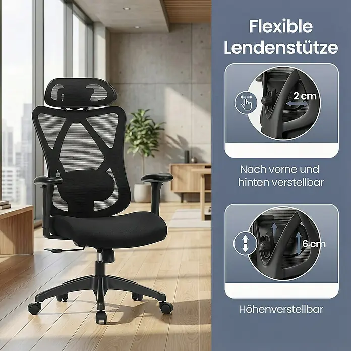 Bürostuhl mit Kopfstütze und Armlehne - Höhenverstellung: 114 cm - 123,5 cm, B x L: 66 x 68 cm, Schwarz - Schwarzer Netz-Bürostuhl mit verstellbarer Lendenstütze: 2 cm Tiefe und 6 cm Höhe.