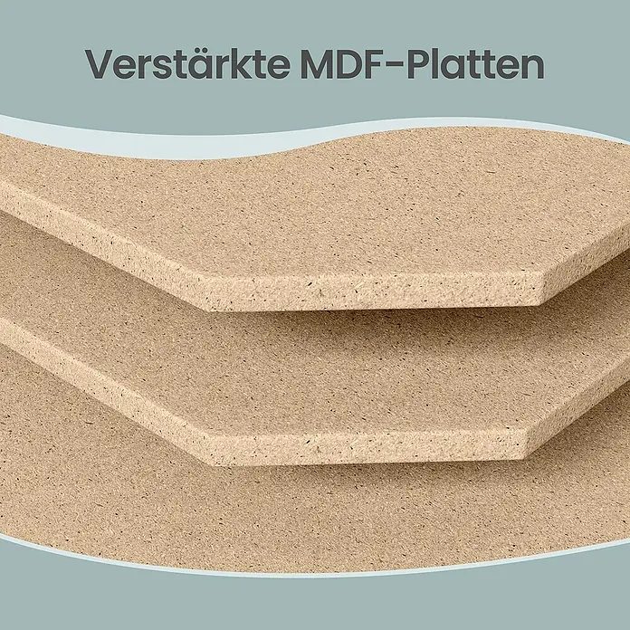 Metallregal - H x B x T: 200 x 100 x 50 cm, Traglast pro Boden: 120 kg, Anzahl Böden: 5 Stk., Stecken, Schwarz - Drei gestapelte verstärkte MDF-Platten in hellbrauner Holzfaseroptik.