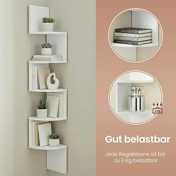 Eckregal - H x B x T: 126 x 20 x 20 cm, Weiß - Weißes S-förmiges Eckregal, bestückt mit Büchern und kleinen Pflanzen. Jede Ablage kann bis zu 6 kg tragen.