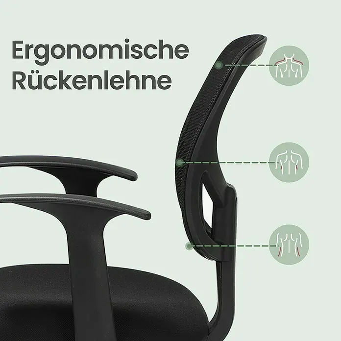Bürostuhl mit Fußstütze und Armlehne - Höhenverstellung: 102 cm - 120 cm, B x L: 64 x 64 cm, Schwarz - Ergonomische Rückenlehne aus schwarzem Netzstoff, die Wirbelsäulenstützzonen für Nacken, Mitte und unteren Rücken darstellt.