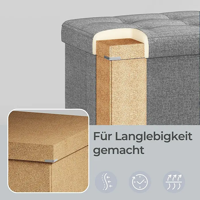 Hocker mit Stauraum - L x B x H: 38 x 76 x 38 cm, Hellgrau - Schnittansicht eines grau gepolsterten Möbelstücks mit Schaumstoffpolsterung und einem Kern aus langlebigem, atmungsaktivem Kork.