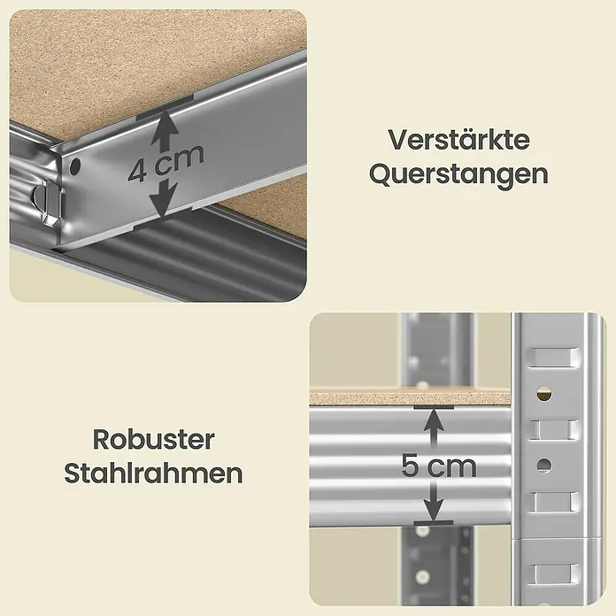 Metallregal - H x B x T: 200 x 100 x 50 cm, Traglast pro Boden: 120 kg, Anzahl Böden: 5 Stk., Stecken, Silber - Robuster Stahlrahmen mit verstärkten 4cm Querträgern und 5cm Regalstützen.