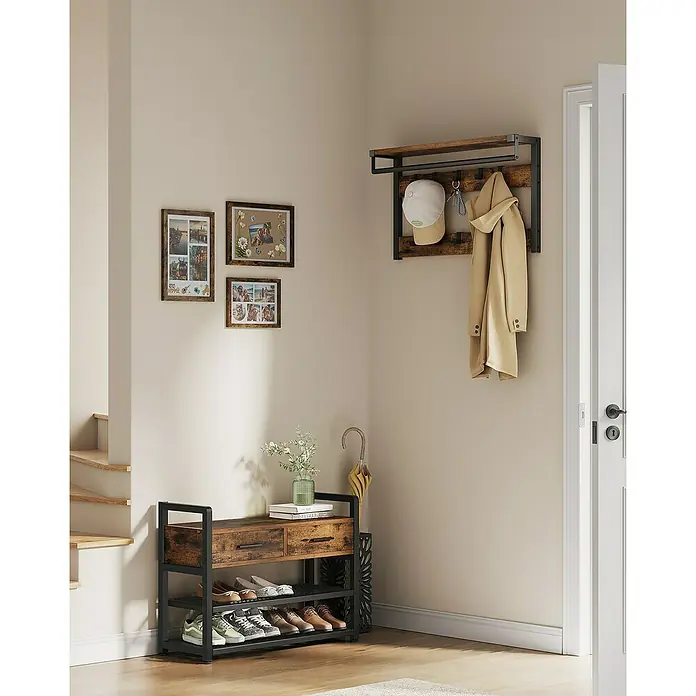 Garderoben-Set mit Sitzbank, Schubladen & Schuhablage - L x B x H: 30 x 80 x 181,4 cm, Braun/Schwarz - Industrielle Flurmöbel in Rustikalbraun und Schwarz mit Schuhbank und wandmontierter Garderobe, für mehr Ordnung.