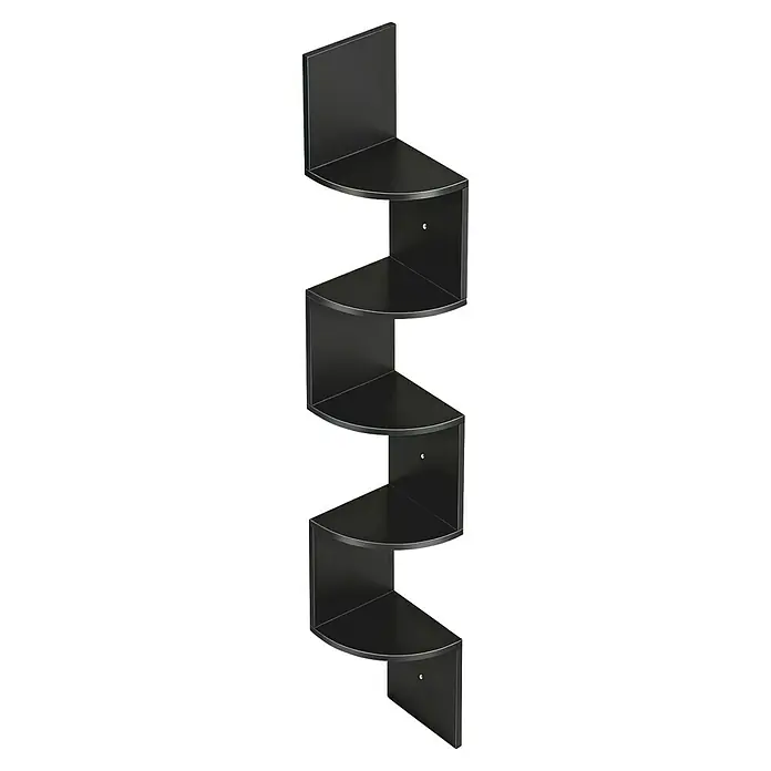 Eckregal - H x B x T: 126 x 20 x 20 cm, Schwarz - Schwarzes, mehrstufiges, geschwungenes Eck-Wandregal zur Aufbewahrung.