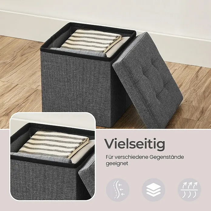 Hocker mit Stauraum - L x B x H: 30 x 30 x 30 cm, Grau - Grauer Stoffhocker mit Stauraum, Deckel offen, gefaltete Textilien sichtbar, auf Holzboden.