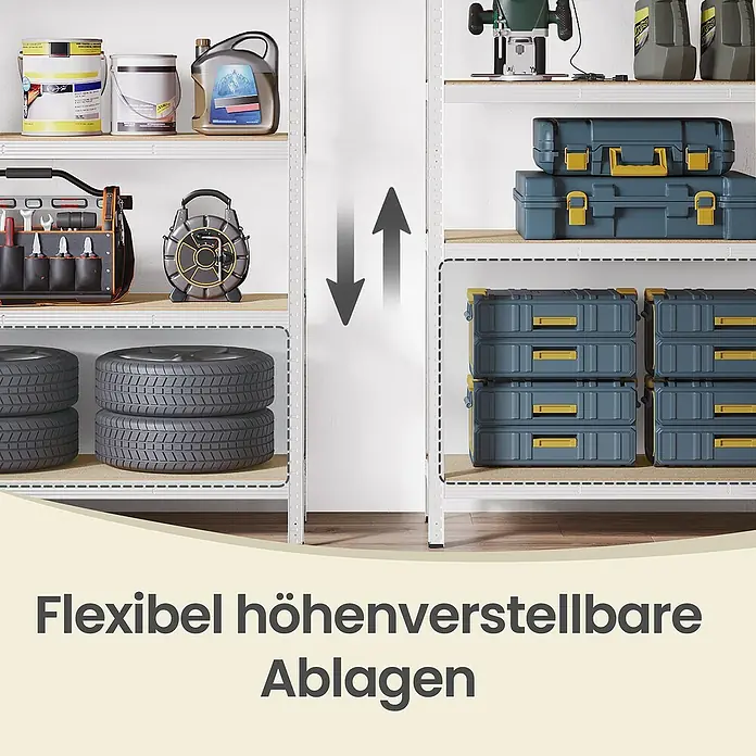 Metallregal - H x B x T: 200 x 100 x 50 cm, Traglast pro Boden: 120 kg, Anzahl Böden: 5 Stk., Stecken, Silber - Weißes Metallregal mit höhenverstellbaren Einlegeböden, bestückt mit Werkzeugen und Gegenständen für die Garagenaufbewahrung.