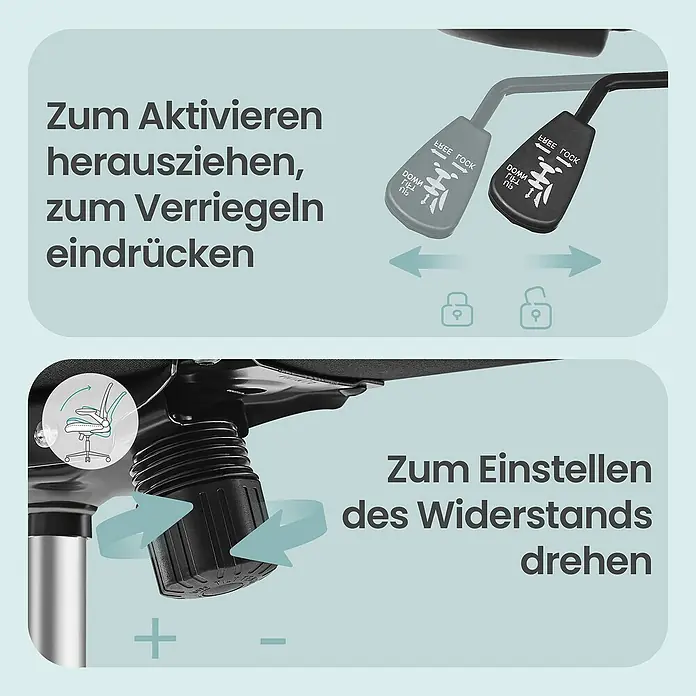 Bürostuhl mit hochklappbaren Armlehnen - Höhenverstellung: 99 cm - 107 cm, B x L: 60 x 66 cm, Schwarz - Stuhlhebel für Neigungsverriegelung (ziehen/drücken) und schwarzer Drehknopf zur Einstellung des Neigungswiderstands.