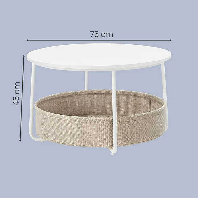 Couchtisch - Ø x H: 75 x 45 cm, Weiß - Weißer runder Couchtisch mit Metallbeinen und integriertem beigen Stoffkorb.
