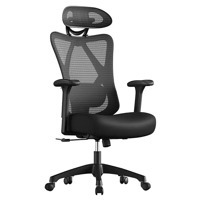 Bürostuhl mit Kopfstütze und Armlehne - Höhenverstellung: 114 cm - 123,5 cm, B x L: 66 x 68 cm, Schwarz - Schwarzer ergonomischer Bürostuhl mit Netzrückenlehne und Kopfstütze, Stoffbezug und Rollen.