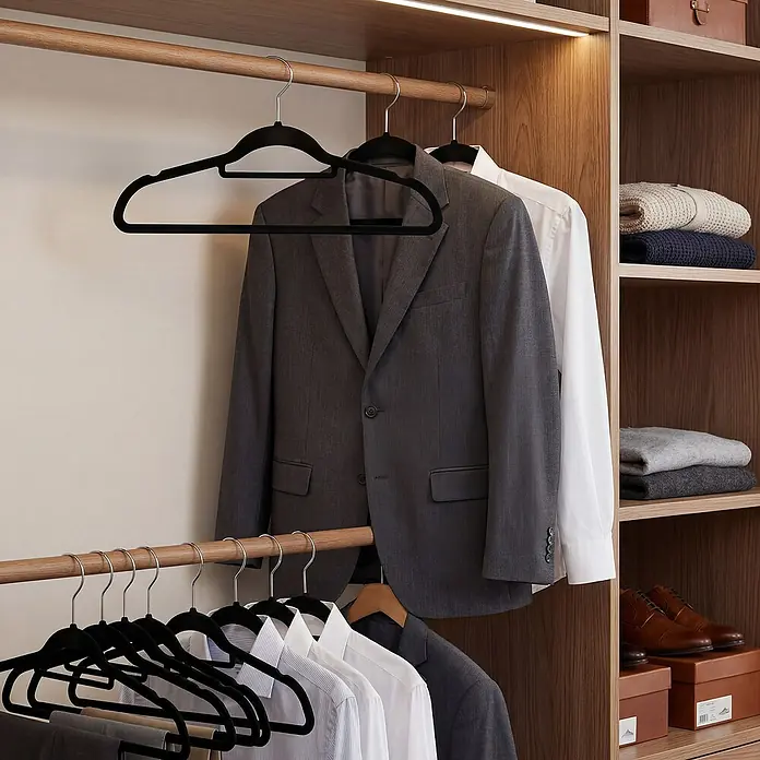 Kleiderbügel Samt - Schwarz, 50 Stk., Samtoberfläche - Schwarze rutschfeste Samtbügel ordnen Anzüge und Hemden in einem eleganten Holzschrank.