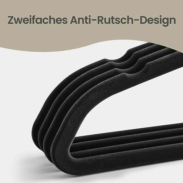 Kleiderbügel Samt - Schwarz, 20 Stk., Samtoberfläche - Mehrere schwarze beflockte Kleiderbügel mit doppeltem Anti-Rutsch-Design.