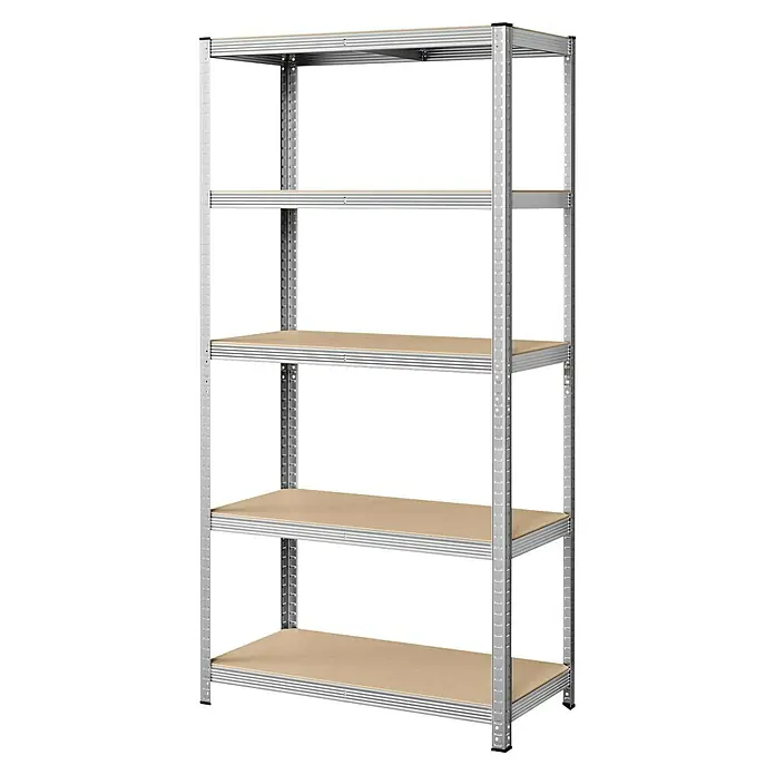 Metallregal - H x B x T: 200 x 100 x 50 cm, Traglast pro Boden: 120 kg, Anzahl Böden: 5 Stk., Stecken, Silber - Silbernes Metallregal mit 5 hellen Holzablagen zur Lagerung.