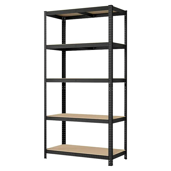 Metallregal - H x B x T: 200 x 100 x 50 cm, Traglast pro Boden: 120 kg, Anzahl Böden: 5 Stk., Stecken, Schwarz - Schwarzes Metallregal mit 5 Holzablagen, ideal für Schwerlastlagerung.