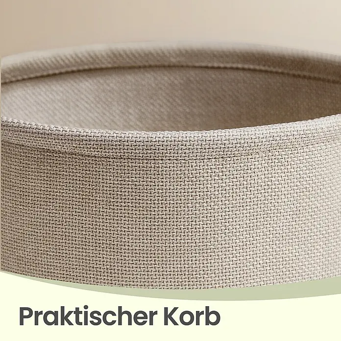 Beistelltisch mit Steckdose - Ø x H: 45 x 50 cm, Weiß - Nahaufnahme eines beigefarbenen Aufbewahrungskorbs aus strukturiertem Stoff.