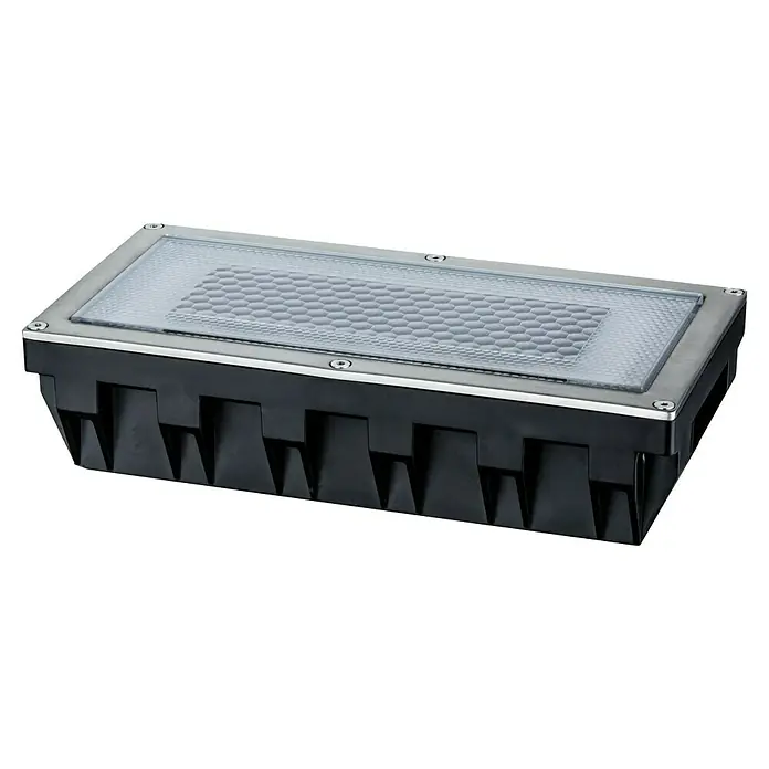 Paulmann Solarleuchte Box0,06 W, Silber, L x B x H: 20 x 10 x 5,1 cm, IP67 - Ein rechteckiger Bodeneinbaustrahler mit einer Edelstahl-Umrandung und einer wabenförmigen Lichtabdeckung. Ideal für Außenbereiche und Gehwege.