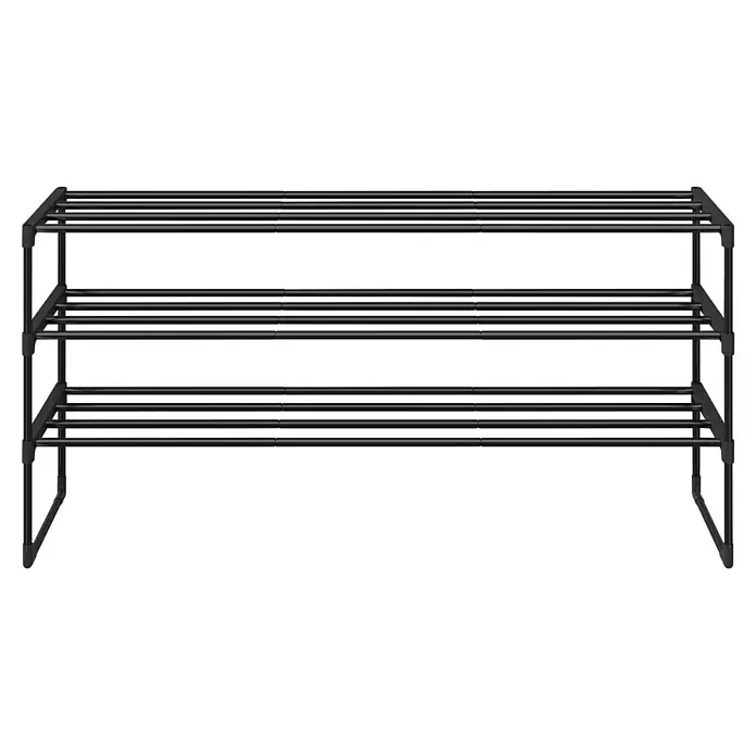Schuhregal - L x B x H: 30 x 116 x 55 cm, Schwarz/Braun - Schwarzes dreistöckiges Schuhregal aus Metall mit horizontalen Stäben.