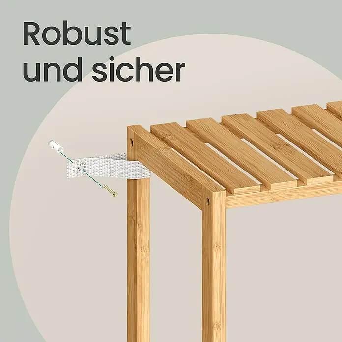Holzregal - H x B x T: 146 x 33 x 33 cm, Traglast pro Boden: 10 kg, Anzahl Böden: 5 Stk., Braun - Helles Holzregal mit Kippsicherung, mittels Schraube und Dübel sicher an der Wand befestigt.