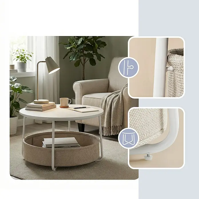 Couchtisch - Ø x H: 75 x 45 cm, Weiß - Weißer runder Couchtisch mit einem unteren beigen Stoff-Aufbewahrungskorb voller Bücher, in einem Wohnzimmer.