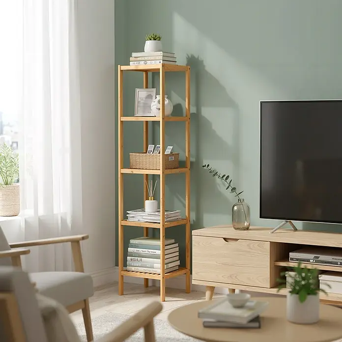Holzregal - H x B x T: 146 x 33 x 33 cm, Traglast pro Boden: 10 kg, Anzahl Böden: 5 Stk., Braun - Hohes, schmales Bambusregal mit offenen Fächern für Bücher, Pflanzen und Dekoartikel im Wohnzimmer.