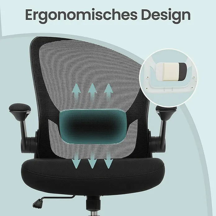 Bürostuhl mit hochklappbaren Armlehnen - Höhenverstellung: 99 cm - 107 cm, B x L: 60 x 66 cm, Schwarz - Schwarzer Mesh-Bürostuhl mit hervorgehobener verstellbarer Lordosenstütze und Atmungsaktivität für ergonomischen Komfort.
