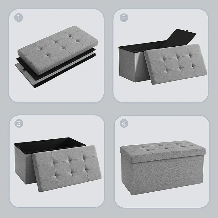 Hocker mit Stauraum - L x B x H: 38 x 76 x 38 cm, Hellgrau - Montageschritte für einen faltbaren Aufbewahrungshocker aus grauem Stoff.