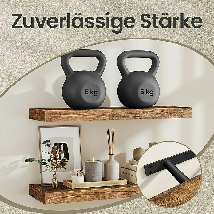 Wandboard - L x B x H: 20 mm x 60 cm x 3,8 cm, Braun - Zwei rustikale Holz-Wandregale mit schwarzen Metallhalterungen, tragen 5 kg Kettlebells und Deko, demonstrieren zuverlässige Stärke.