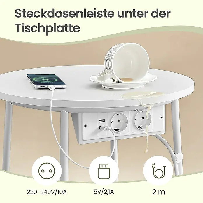 Beistelltisch mit Steckdose - Ø x H: 45 x 50 cm, Weiß - Weißer runder Beistelltisch mit integrierter Steckdosenleiste (zwei Steckdosen, zwei USB-Anschlüsse) und verschütteter Flüssigkeit, die darauf tropft, mit einem ladenden Smartphone.