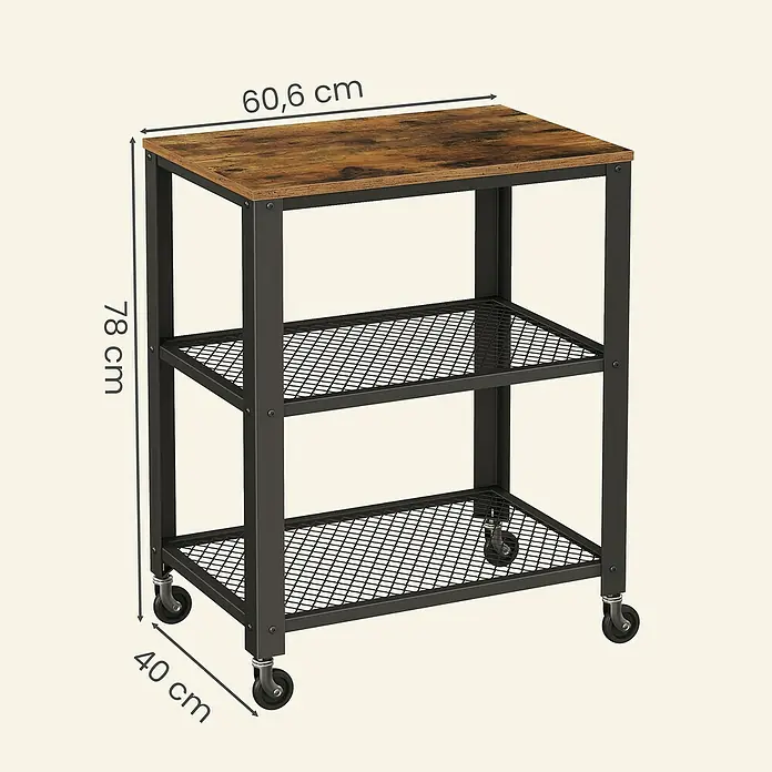 Servierwagen - L x B x H: 40 x 60,6 x 78 cm, Schwarz/Braun - 3-stöckiger Servierwagen im Industriestil mit dunklem Metallrahmen, rustikaler Holzplatte, Gitterböden und Rollen.