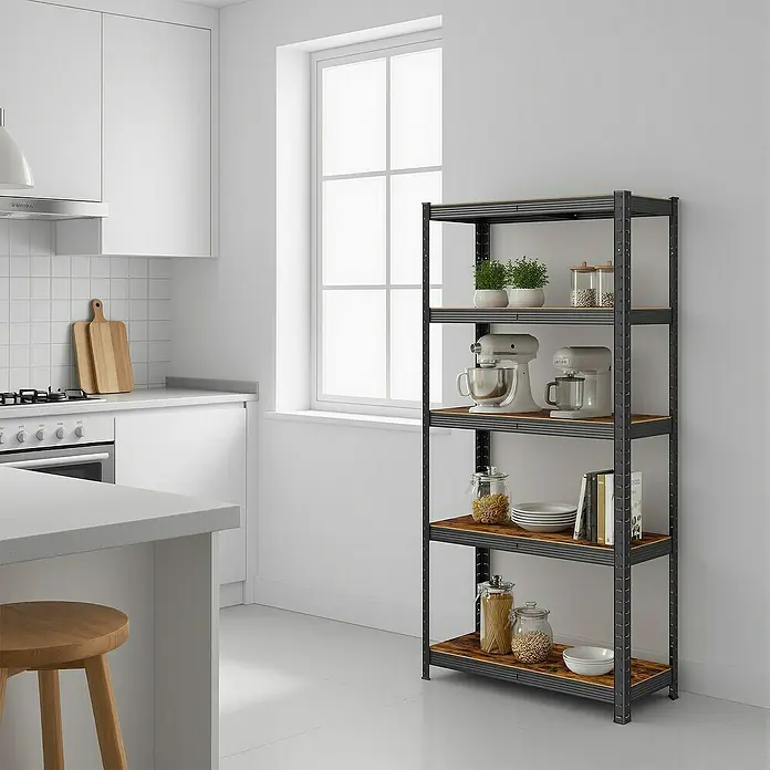 Metallregal - H x B x T: 150 x 75 x 30 cm, Traglast pro Boden: 130 kg, Anzahl Böden: 5 Stk., Stecken, Schwarz - Fünfstöckiges industrielles Lagerregal mit schwarzem Metallrahmen und braunen Holzregalen, gefüllt mit Küchenutensilien in einer modernen Küche.