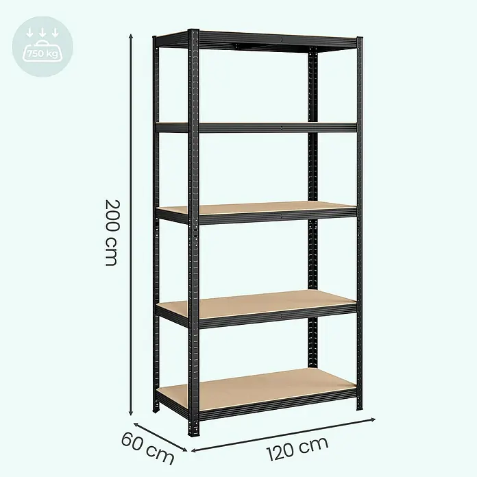 Metallregal - H x B x T: 200 x 120 x 60 cm, Traglast pro Boden: 150 kg, Anzahl Böden: 5 Stk., Stecken, Schwarz - Schwarzes Metallregal mit 5 Holzablagen, 200x120x60 cm, 750 kg Tragkraft.