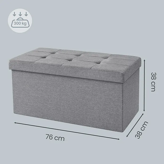 Hocker mit Stauraum - L x B x H: 38 x 76 x 38 cm, Hellgrau - Grauer Stoff-Aufbewahrungshocker mit getuftetem Deckel, 76x38x38 cm, max. 300 kg Belastbarkeit.