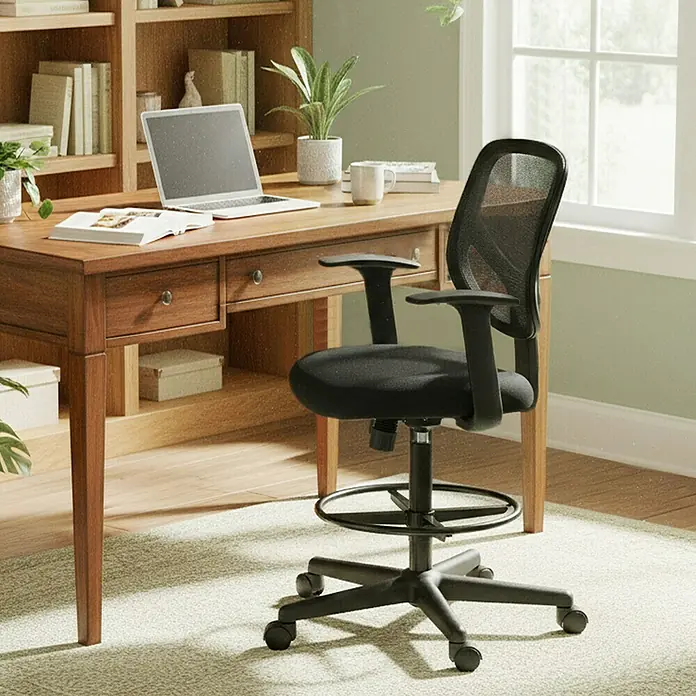 Bürostuhl mit Fußstütze und Armlehne - Höhenverstellung: 102 cm - 120 cm, B x L: 64 x 64 cm, Schwarz - Schwarzer Bürostuhl mit Netzrückenlehne und Fußstütze, auf Rollen, neben einem Holzschreibtisch platziert.