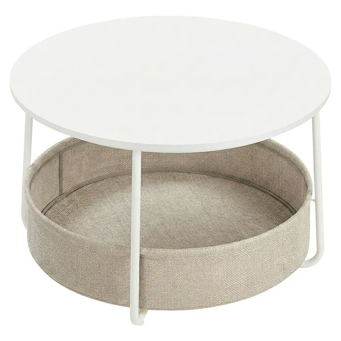Couchtisch - Ø x H: 75 x 45 cm, Weiß - Runder weißer Beistelltisch mit hellem beigem Stoffkorb.