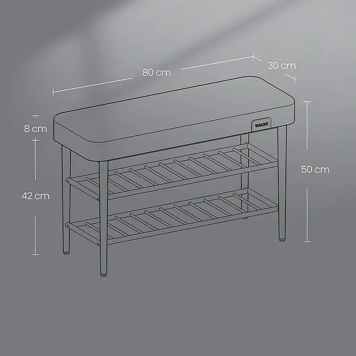 Schuhbank - L x B x H: 30 x 80 x 50 cm, Schwarz/Grün - Dunkelgraue Schuhbank mit gepolstertem Sitz und zwei Lattenrosten aus Metall zur Aufbewahrung. Maße: 80x30x50 cm.