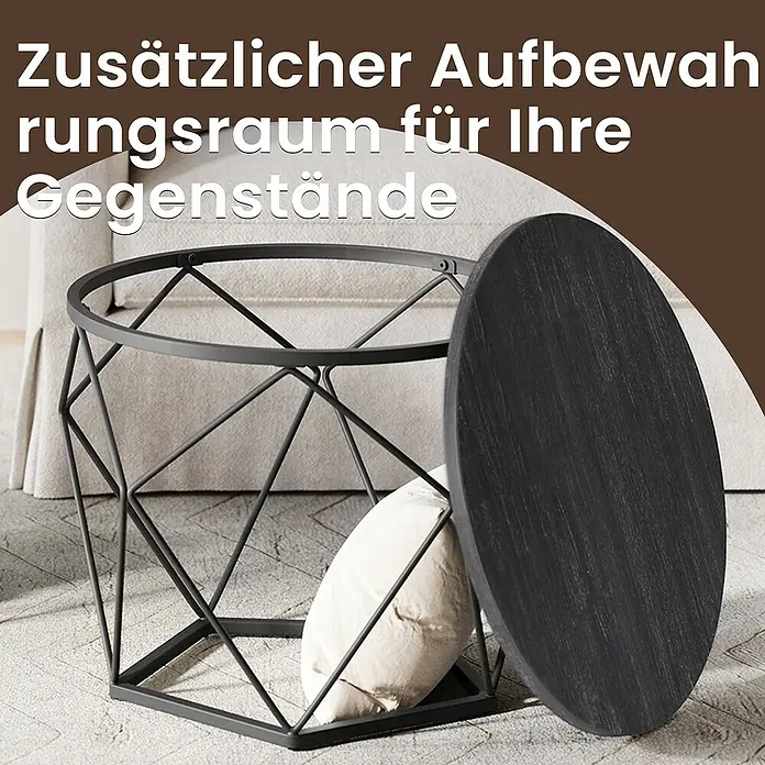 Couchtisch Set - Grau/Schwarz, 2 -tlg. - Dunkelgrauer geometrischer Metall-Aufbewahrungskorb mit dunklem Holzdeckel, ein weißes Kissen enthaltend, als stilvoller Beistelltisch.