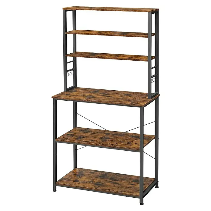 Stufenregal Küchenregal - H x B x T: 167 x 80 x 40 cm, Anzahl Böden: 5 Stk., Schwarz/Braun - Rustikales Regal im Industriedesign aus Holzoptik und dunklem Metall mit mehreren Ablagen und Haken.