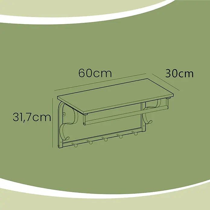 Garderobenpaneel - L x B x H: 30 x 60 x 31,7 cm, Schwarz/Braun - Maßzeichnung eines wandmontierten Regals mit Stange und Haken.