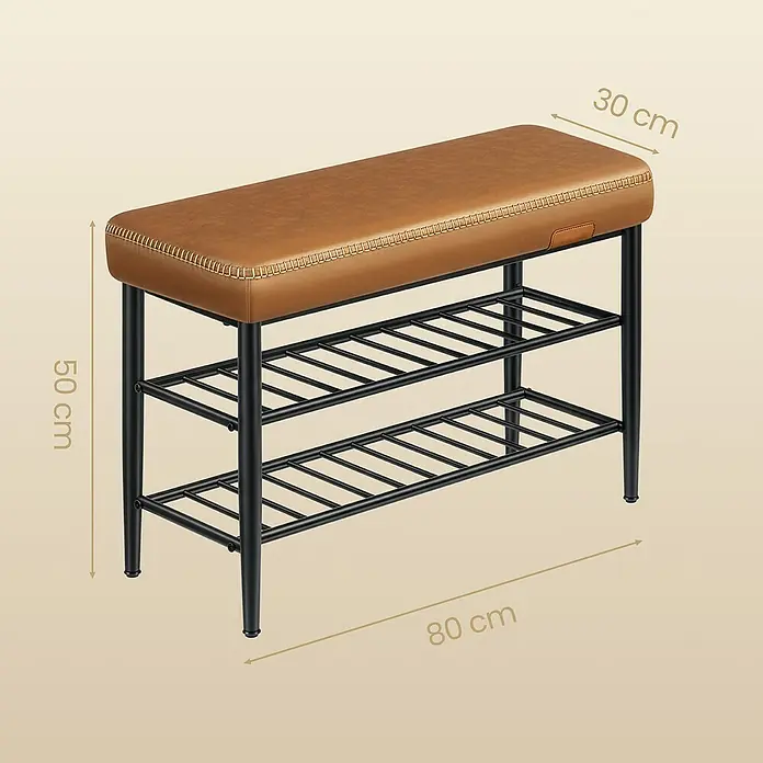 Schuhbank - L x B x H: 30 x 80 x 50 cm, Schwarz/Braun - Braune gepolsterte Schuhbank mit schwarzem Metallrahmen und zwei Schuhregalen. 80x30x50 cm.