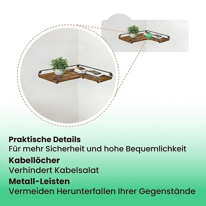 Wandregal-Set - H x B x T: 4 x 40 x 29 cm, Schwarz/Braun, 2 Stk. - Eckregal aus Holz mit schwarzen Metallleisten und Kabellöchern.