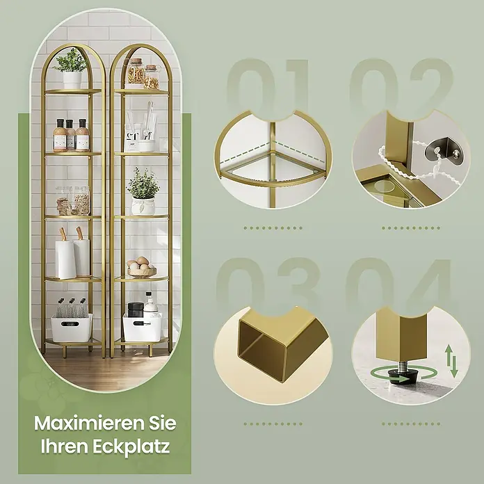 Eckregal - H x B x T: 158 x 28 x 28 cm, Gold - Zwei goldene Eckregale aus Metall mit Glasböden, verstellbaren Füßen und Kippschutz, zur Raumnutzung.