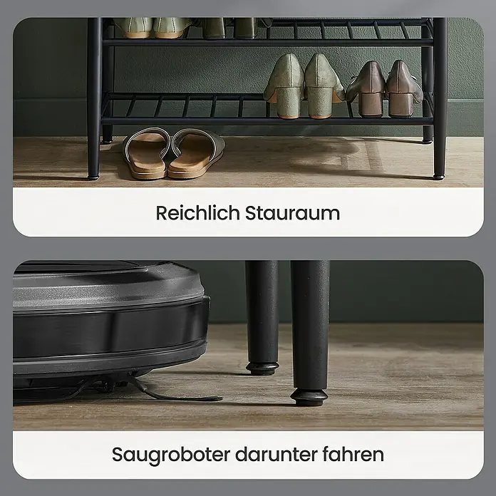 Schuhbank - L x B x H: 30 x 80 x 50 cm, Schwarz/Grün - Schwarzes Metall-Schuhregal mit viel Platz für Schuhe, mit ausreichend Bodenfreiheit für Saugroboter.