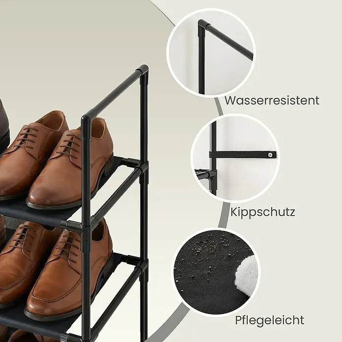 Schuhregal - L x B x H: 28 x 45 x 173 cm, Schwarz - Schwarzes Schuhregal mit Stoffablagen und braunen Schuhen, zeigt wasserfeste Verbindungen, Kippschutzband und pflegeleichtes Material.