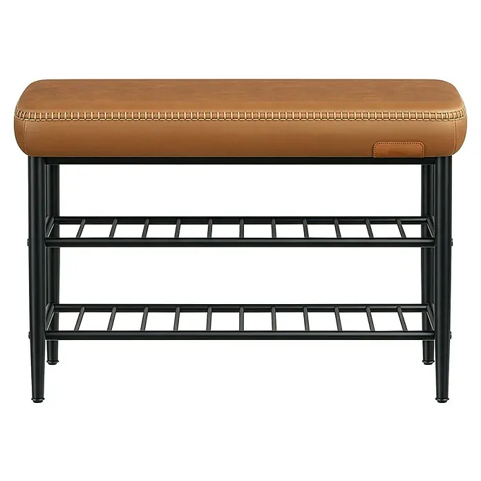 Schuhbank - L x B x H: 30 x 80 x 50 cm, Schwarz/Braun - Braune gepolsterte Schuhbank aus Kunstleder mit schwarzem Metallgestell und zwei Schuhablagen.