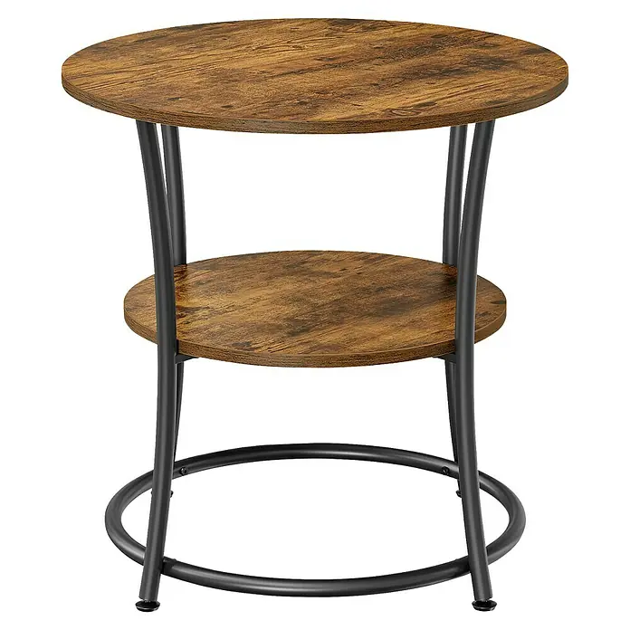 Beistelltisch - Ø x H: 55 x 55 cm, Schwarz/Braun - Rustikaler brauner runder Beistelltisch mit zwei Holzablagen und schwarzem Metallgestell.
