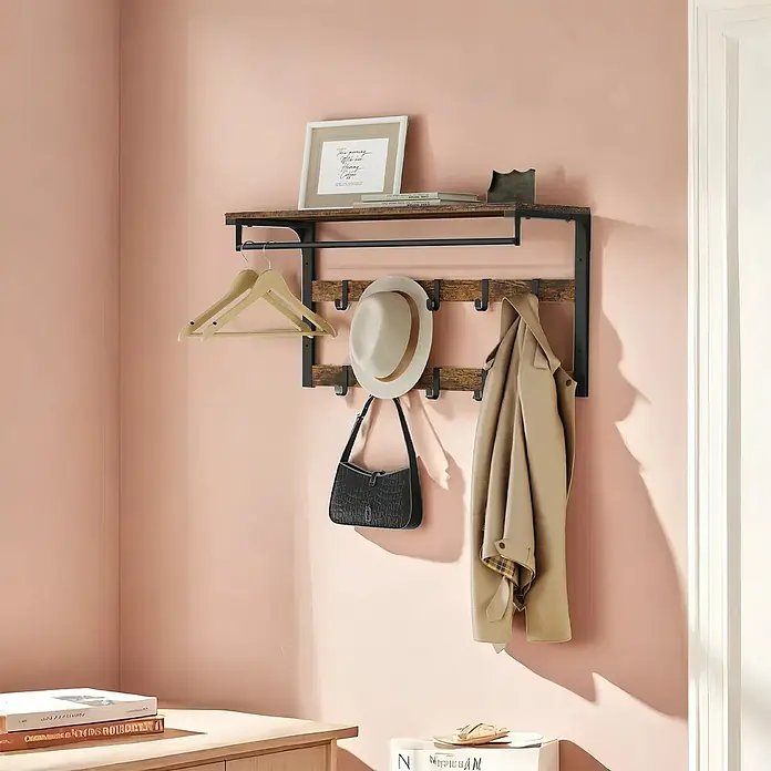 Garderobenpaneel - L x B x H: 30 x 80 x 42 cm, Schwarz/Braun - Wandgarderobe mit rustikalbrauner Holzablage, schwarzem Metallrahmen und Haken für Kleidung, Hüte und Taschen.