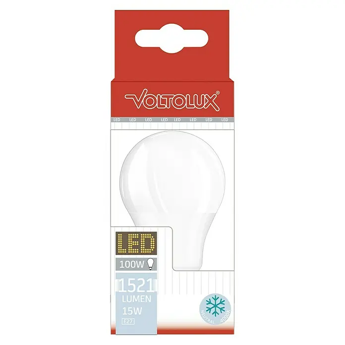 Voltolux Bombilla LED - E27, No regulable, Blanco neutro, 1.521 lm, 15 W - Imagen del producto de una bombilla LED Voltoulux con 1521 lúmenes, 15W y base E27, que produce una luz blanca neutra de 4000K.\n