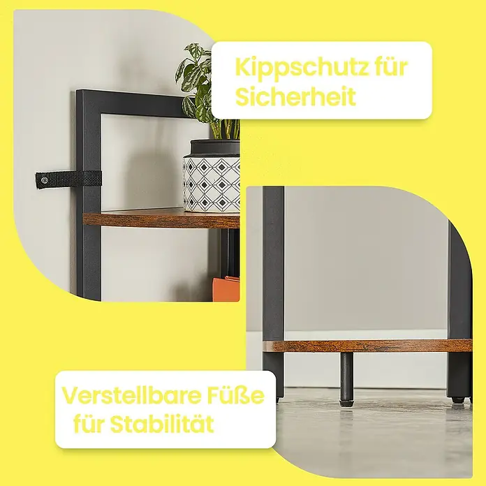 Eckregal - H x B x T: 150 x 30 x 30 cm, Schwarz/Braun - Schwarzes Metallregal mit Holzbrettern, mit Kippschutzband und verstellbaren Füßen für Stabilität.