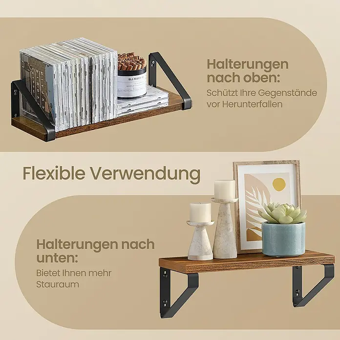 Wandregal-Set - Braun/Schwarz, 3 -tlg. - Zwei rustikale Holzregale mit schwarzen Metallhalterungen, die oben für Halt oder unten für mehr Platz montiert sind.