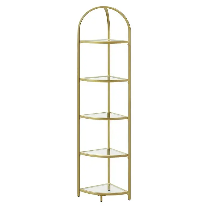 Eckregal - H x B x T: 158 x 28 x 28 cm, Gold - Hohes goldenes Eckregal aus Metall mit fünf Glasböden und Bogenabschluss.